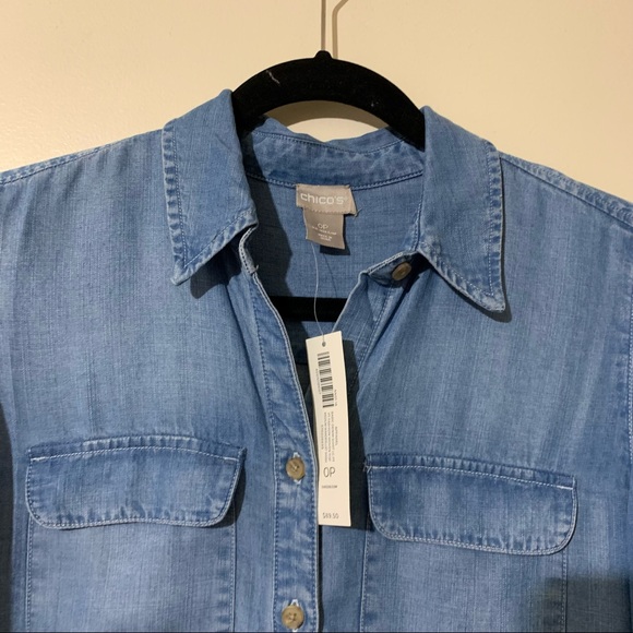 Chico’s Half Button Denim Blouse with Roll Sleeves - Picture 7 of 16